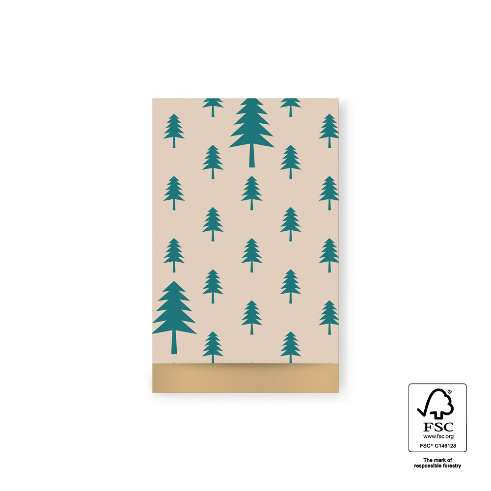 Cadeauzakjes Christmas Trees Beige/Jade Green M 12 x 19 cm – set van 5 zakjes met kerstbomen en gouden rand | Liefs en Lintjes