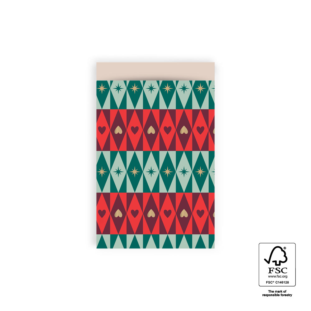 Cadeauzakjes Retro Christmas M 12 x 19 cm – set van 5 zakjes met retro kerstpatroon | Liefs en Lintjes