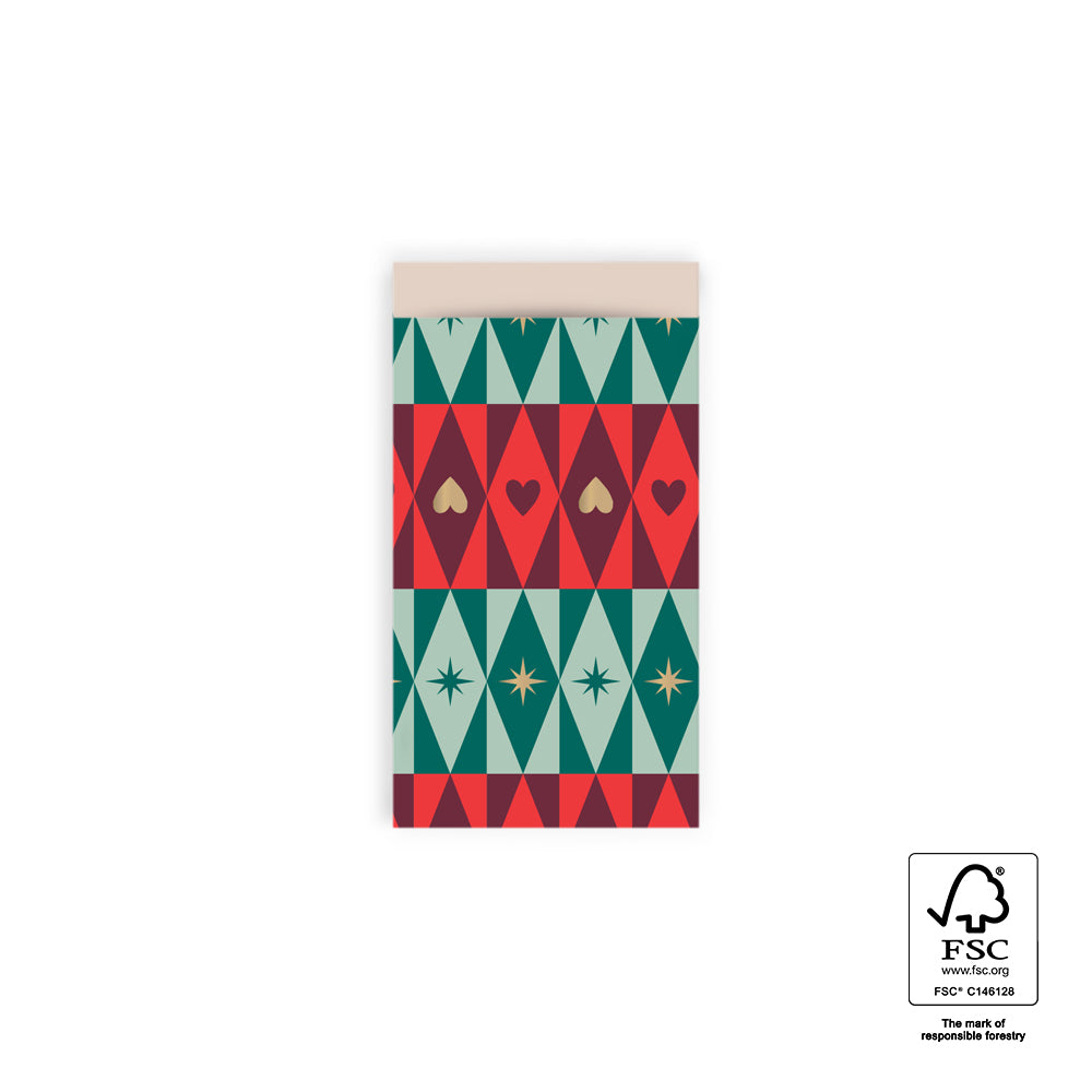 Cadeauzakjes Retro Christmas S 7 x 13 cm – set van 5 kerstzakjes met retro geometrisch patroon | Liefs en Lintjes