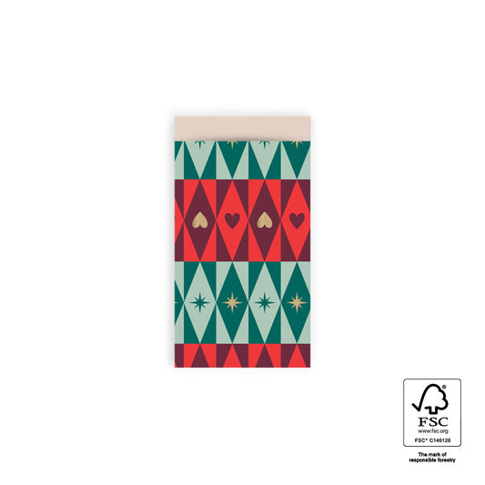 Cadeauzakjes Retro Christmas S 7 x 13 cm – set van 5 kerstzakjes met retro geometrisch patroon | Liefs en Lintjes