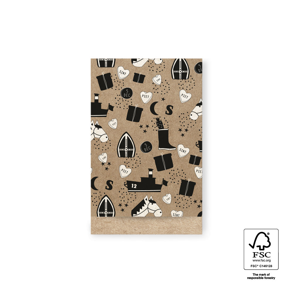 Cadeauzakjes Sint Illustraties Kraft M 12 x 19 cm – set van 5 zakjes met Sinterklaas-illustraties op kraft | Liefs en Lintjes