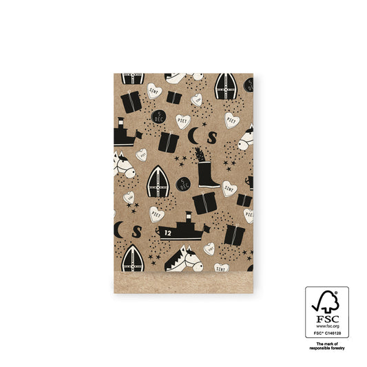 Cadeauzakjes Sint Illustraties Kraft M 12 x 19 cm – set van 5 zakjes met Sinterklaas-illustraties op kraft | Liefs en Lintjes