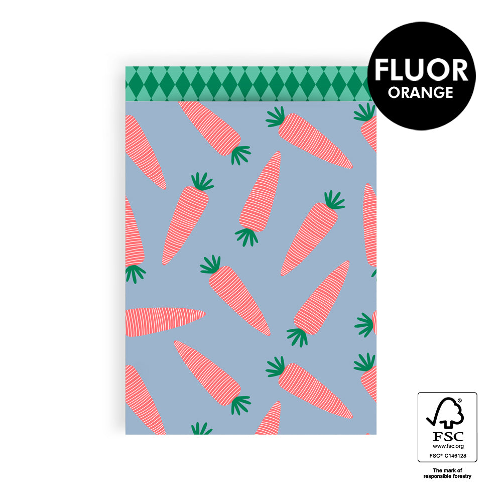 Cadeauzakjes Sint Wortel L 17 x 25 cm – set van 5 zakjes met fluor oranje wortels en groene ruitrand | Liefs en Lintjes