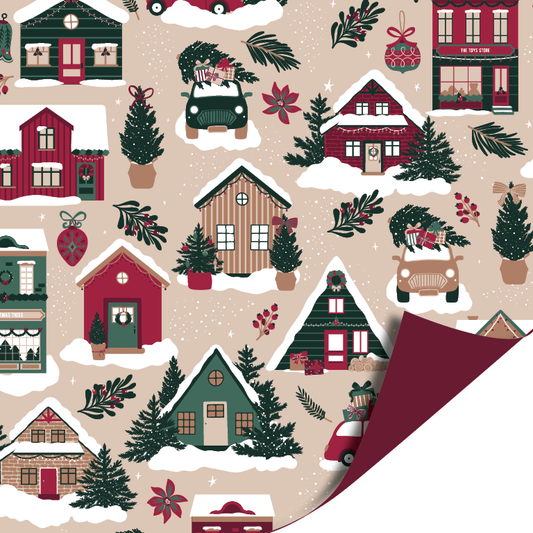 Christmas Village cadeaupapier met kerstdorp print en bordeauxrode binnenzijde – Liefs en Lintjes