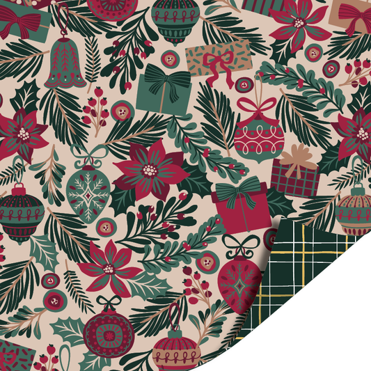 Classic Christmas cadeaupapier met traditionele kerstprint en donkergroen/goud ruitjes binnenzijde – Liefs en Lintjes