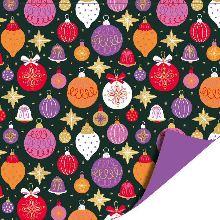 Colorful Christmas cadeaupapier met kerstballen, sterren en belletjes op donkergroene achtergrond – Liefs en Lintjes