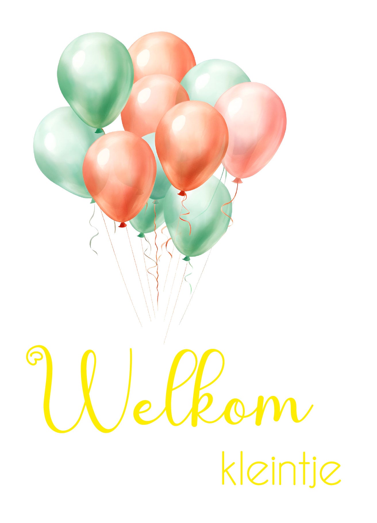 Geboortekaartje met mint en zalm ballonnen en goudfolie tekst “Welkom kleintje” – Liefs en Lintjes