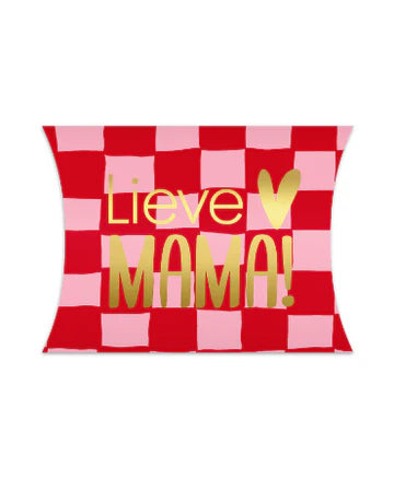 Gondeldoosje met rode en roze ruitjes en gouden tekst “Lieve mama!” – Liefs en Lintjes