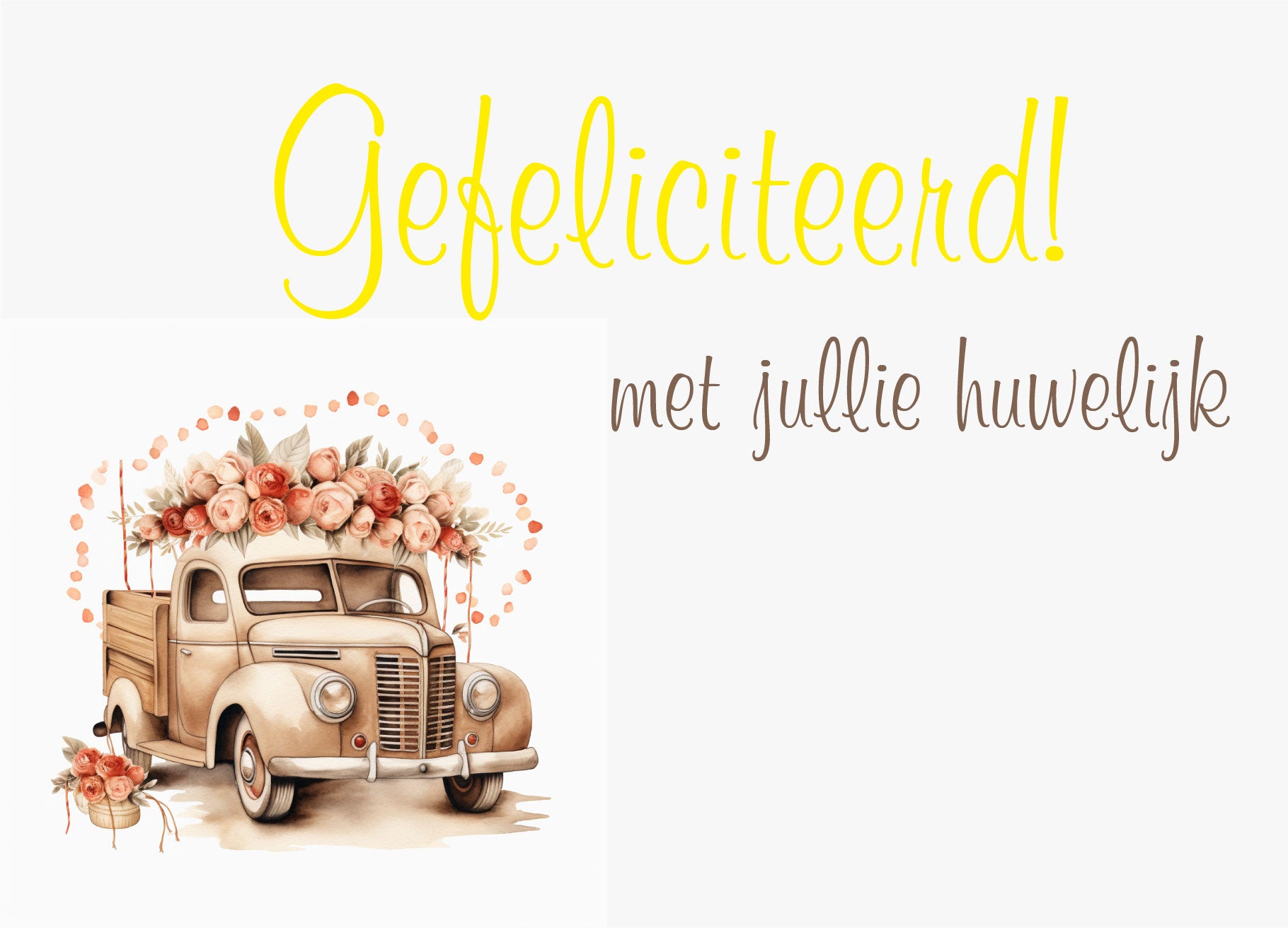 Trouwkaart met bloemen en auto, met goudfolie accenten – Liefs en Lintjes