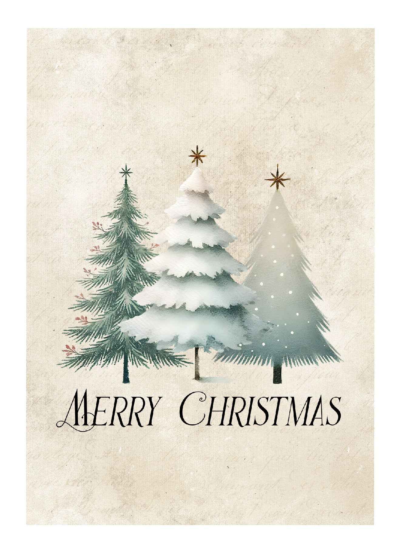 Kerstkaart Merry Christmas Kerstbomen met Ster – kerstkaart met drie bomen en gouden sterren in aquarelstijl, Liefs en Lintjes
