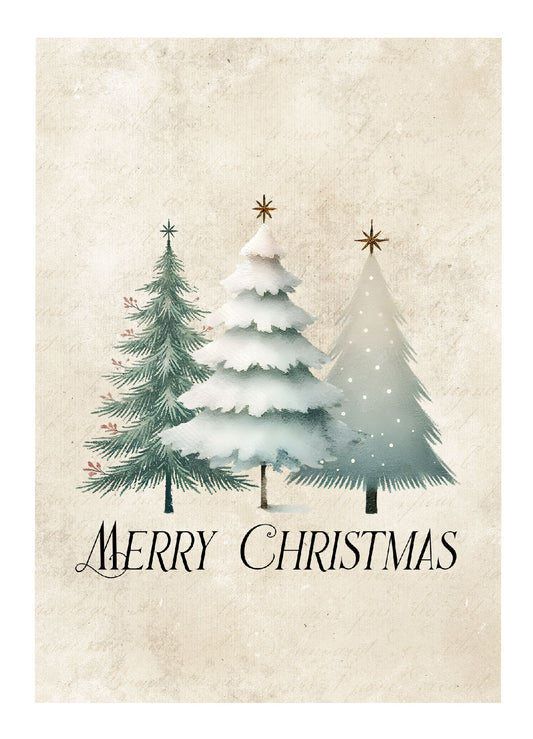 Kerstkaart Merry Christmas Kerstbomen met Ster – kerstkaart met drie bomen en gouden sterren in aquarelstijl, Liefs en Lintjes