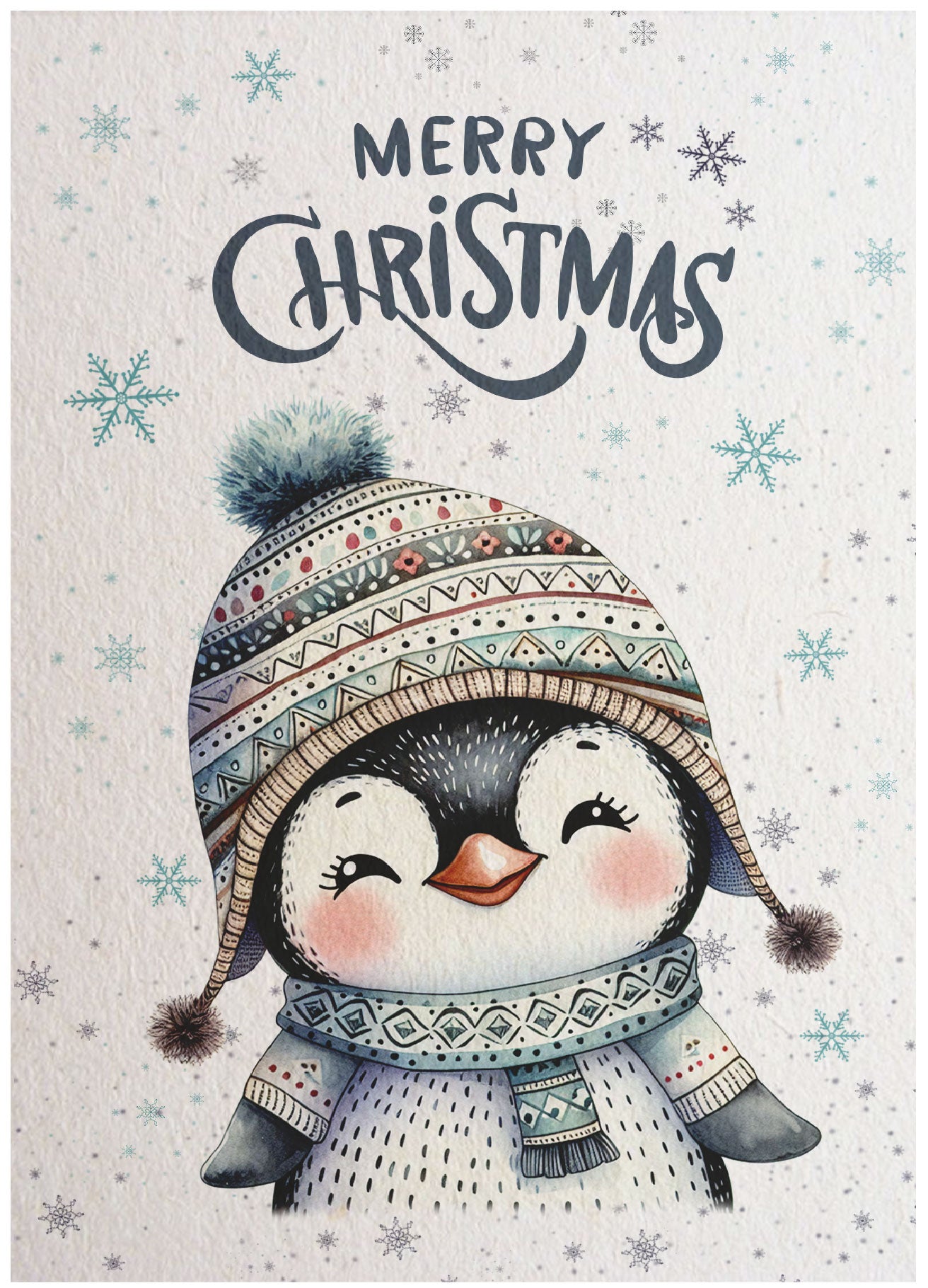 Kerstkaart Merry Christmas Pinguïn met Blauwe Muts – lieve pinguïn met muts en sjaal in aquarelstijl, Liefs en Lintjes