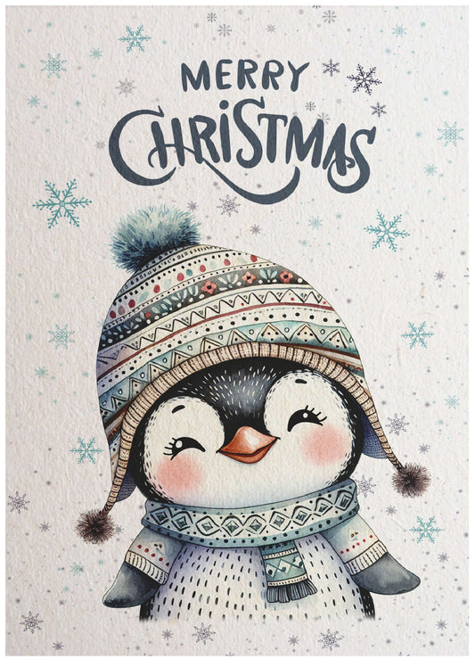 Kerstkaart Merry Christmas Pinguïn met Blauwe Muts – lieve pinguïn met muts en sjaal in aquarelstijl, Liefs en Lintjes