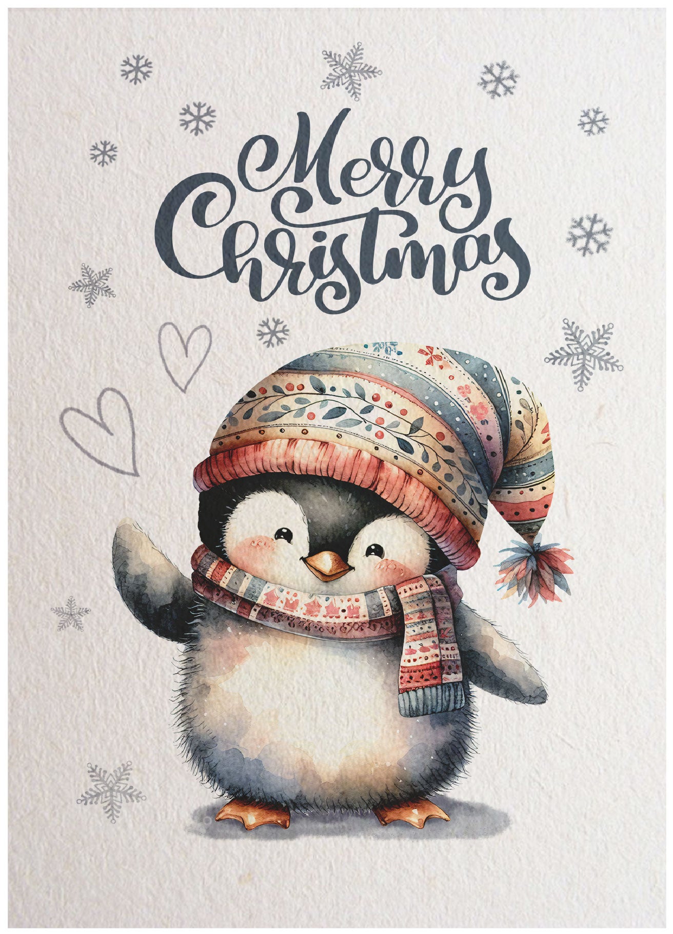 Kerstkaart Merry Christmas Pinguïn met Bonte Muts – vrolijke pinguïn met kleurrijke muts en hartjes, Liefs en Lintjes