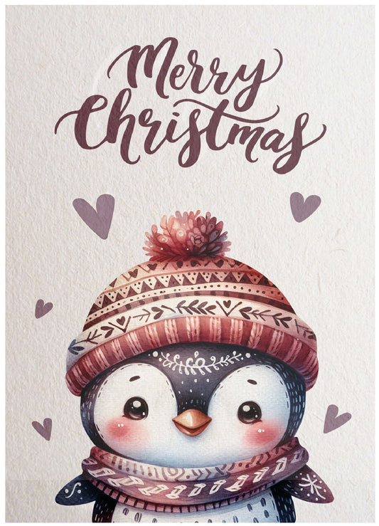 Kerstkaart Merry Christmas Pinguïn met Rode Muts – schattige pinguïn met rode muts en hartjes, Liefs en Lintjes