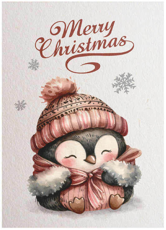 Kerstkaart Merry Christmas Pinguïn met Roze Muts – lieve pinguïn met roze wintermuts en sneeuwvlokken, Liefs en Lintjes