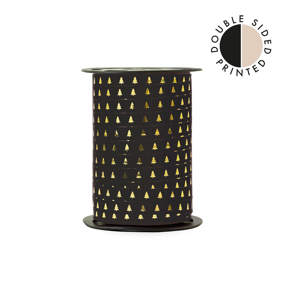 Krullint Kerstboompjes Zwart/Beige 10 mm x 5 m – dubbelzijdig kerstlint | Liefs en Lintjes