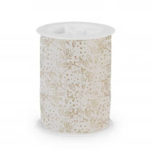 Krullint in wit met gouden bladerenprint, 10 mm breed – 5 meter lang – Liefs en Lintjes