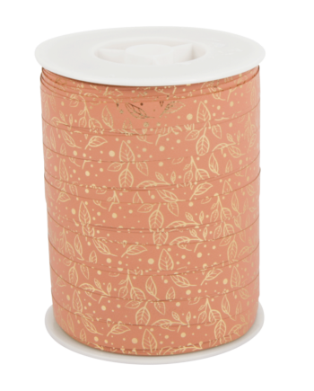 Krullint in zalmroze met gouden bladerenprint, 10 mm breed – 5 meter lang – Liefs en Lintjes

