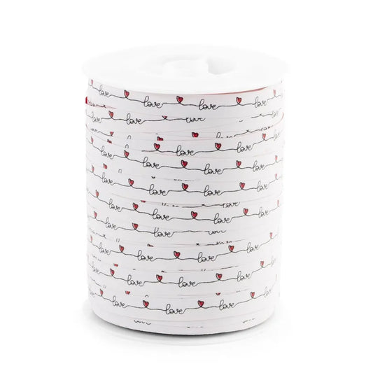 Krullint wit met “love” en rode hartjes, 10 mm breed – 5 meter lang – Liefs en Lintjes