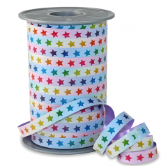 Krullint met regenboog sterren op wit lint, 10 mm breed – 5 meter lang – Liefs en Lintjes