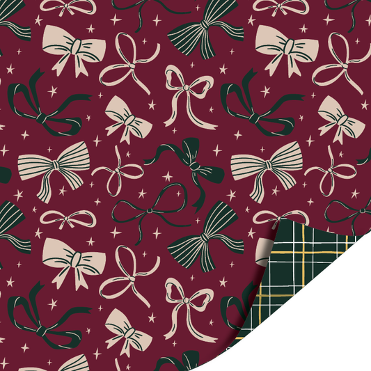 Luxury Bows Bordeaux cadeaupapier met strikken op bordeauxrode achtergrond en donkergroen/goud ruitjes binnenzijde – Liefs en Lintjes