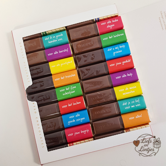 Merci chocolade cadeau met vrolijke tekststickers voor einde schooljaar - Liefs en Lintjes