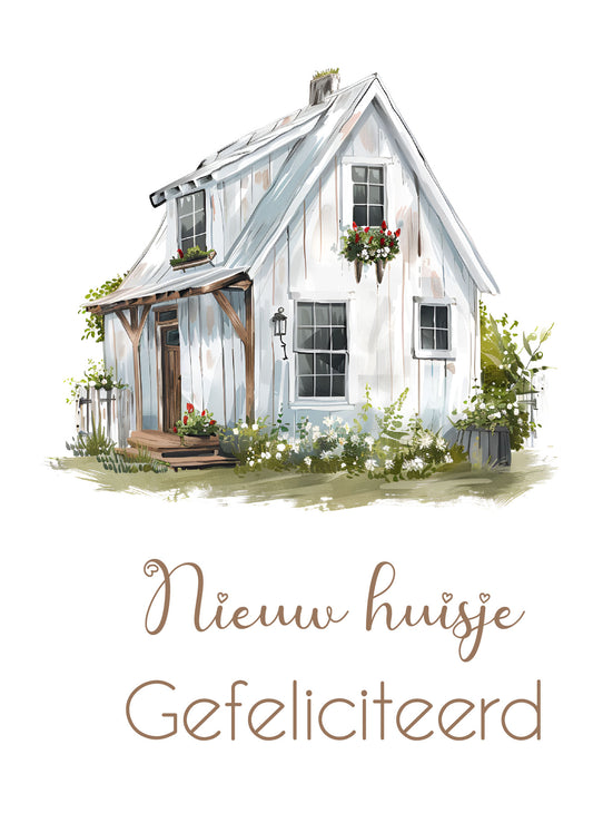 Kaart nieuw huisje met wit huisje en bloemen – Liefs en Lintjes

