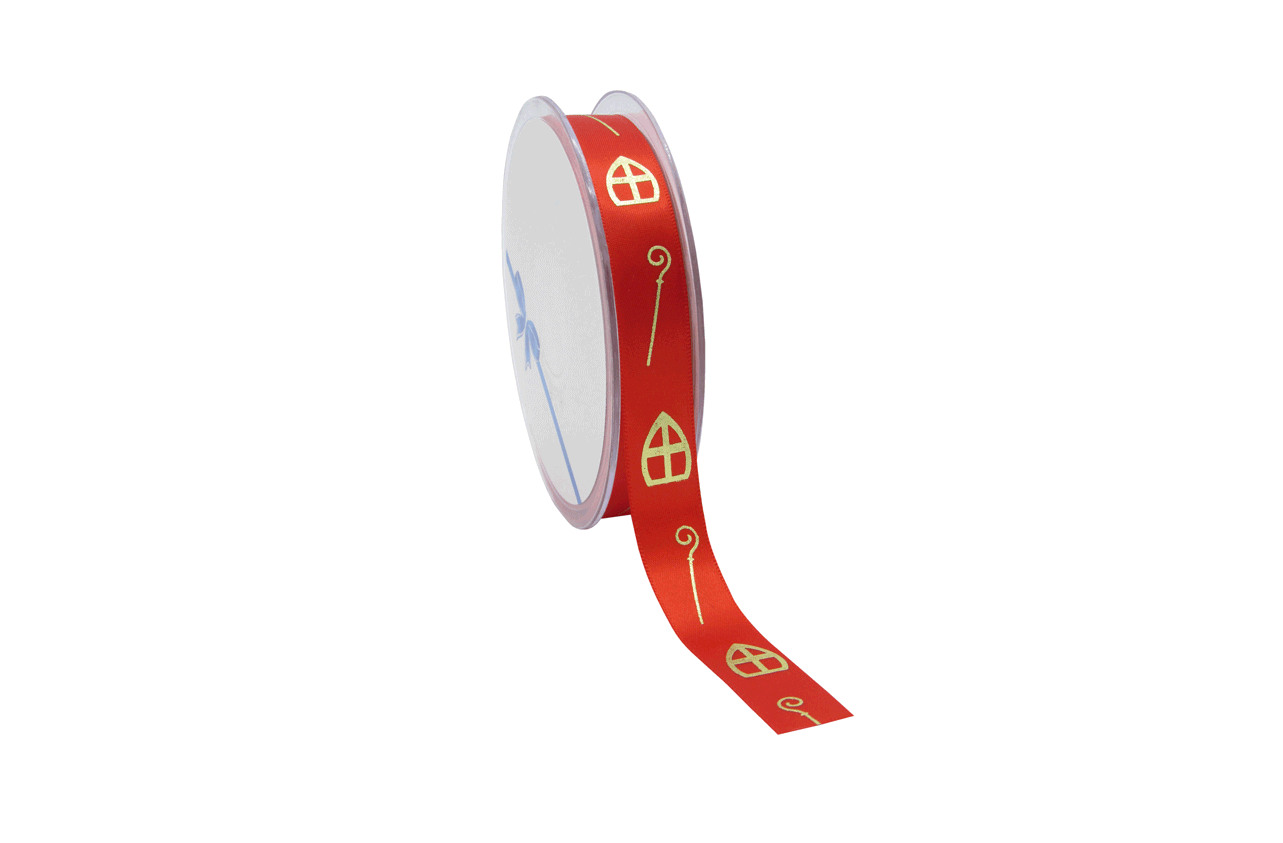 Satijn lint rood met goud mijter en staf 15 mm – Liefs en Lintjes