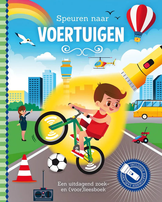 Kinderboek Speuren naar Voertuigen met diverse voertuigen en kartonnen zaklamp – Liefs en Lintjes