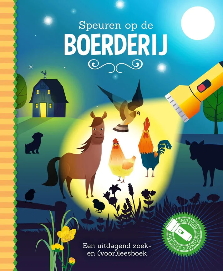 Omslag van het kinderboek 'Speuren op de Boerderij' met illustraties van boerderijdieren en een kartonnen zaklamp.