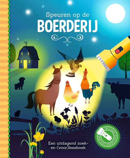 Omslag van het kinderboek 'Speuren op de Boerderij' met illustraties van boerderijdieren en een kartonnen zaklamp.