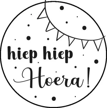 Sticker Hiep Hiep Hoera! met Vlaggenlijn Zwart/Wit (45mm, Set van 10) – Liefs en Lintjes