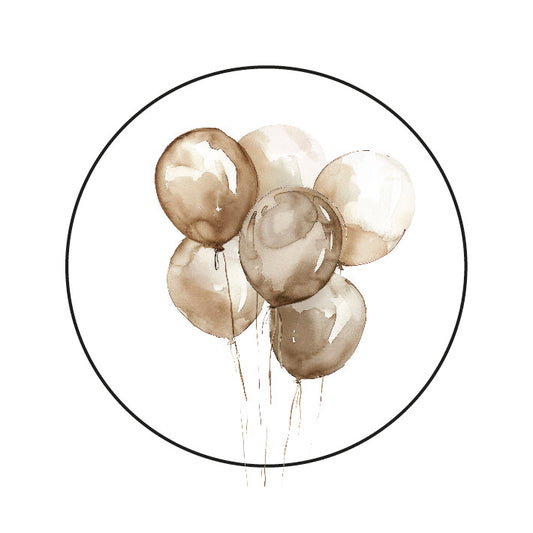 Ronde sticker met aquarelillustratie van beige ballonnen – Liefs en Lintjes