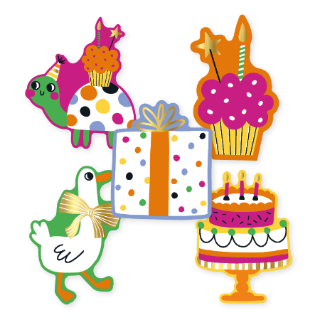 Stickers Birthday Doodles met taart, cadeautje en gans illustraties – set van 10 – 40x44mm – Liefs en Lintjes