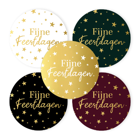 Stickers Fijne Feestdagen in wit, goud, groen, zwart en bordeaux 40mm – set van 10 – Liefs en Lintjes