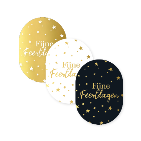 Stickers Fijne Feestdagen in goud, wit en zwart ovaal 43x59mm – set van 12 – Liefs en Lintjes