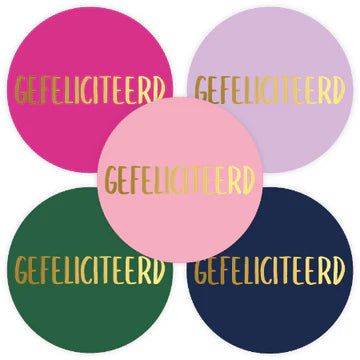 Stickers Gefeliciteerd (40mm, Set van 10, 5 Kleuren) – Liefs en Lintjes