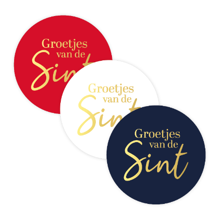 Stickers Groetjes van de Sint rood/wit/blauw met goud 40mm – set van 12 – Liefs en Lintjes