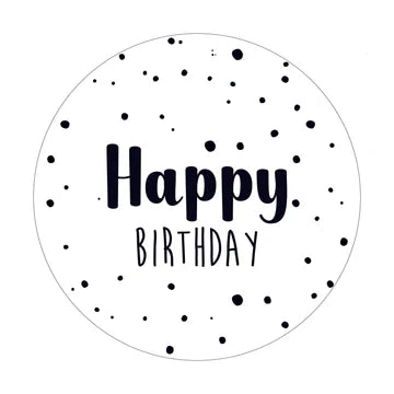 Stickers Happy Birthday (45mm, Zwart/Wit) – Liefs en Lintjes