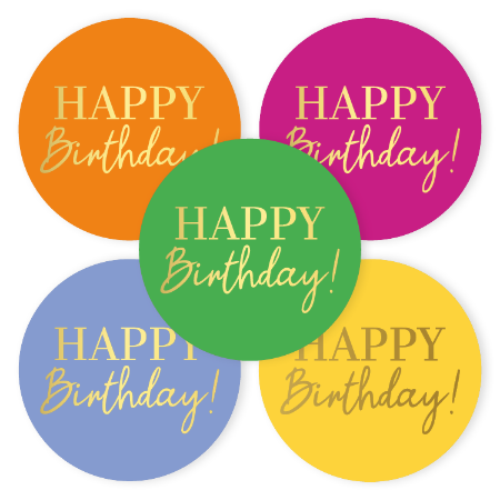Stickers Happy Birthday in oranje, roze, groen, blauw en geel 50mm – set van 10 – Liefs en Lintjes