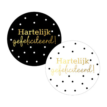 Stickers Hartelijk Gefeliciteerd (40mm, Zwart/Wit met Gouden Tekst) – Liefs en Lintjes