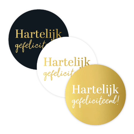 Stickers Hartelijk Gefeliciteerd zwart/wit/goud 40mm – set van 12 – Liefs en Lintjes
