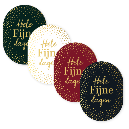 Stickers Hele Fijne Dagen in groen, wit, bordeaux en zwart met gouden stipjes – set van 12 ovaal 43x59mm – Liefs en Lintjes