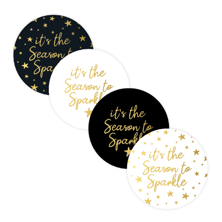 Stickers It’s the Season to Sparkle zwart/wit/goud 40mm – set van 12 – Liefs en Lintjes