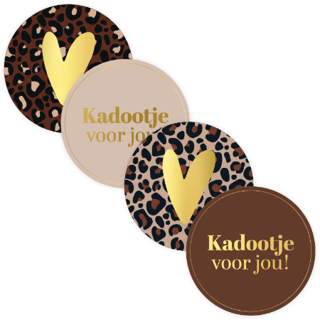 Stickers Kadootje voor jou Hart panterprint en goud 50mm – set van 12 – Liefs en Lintjes