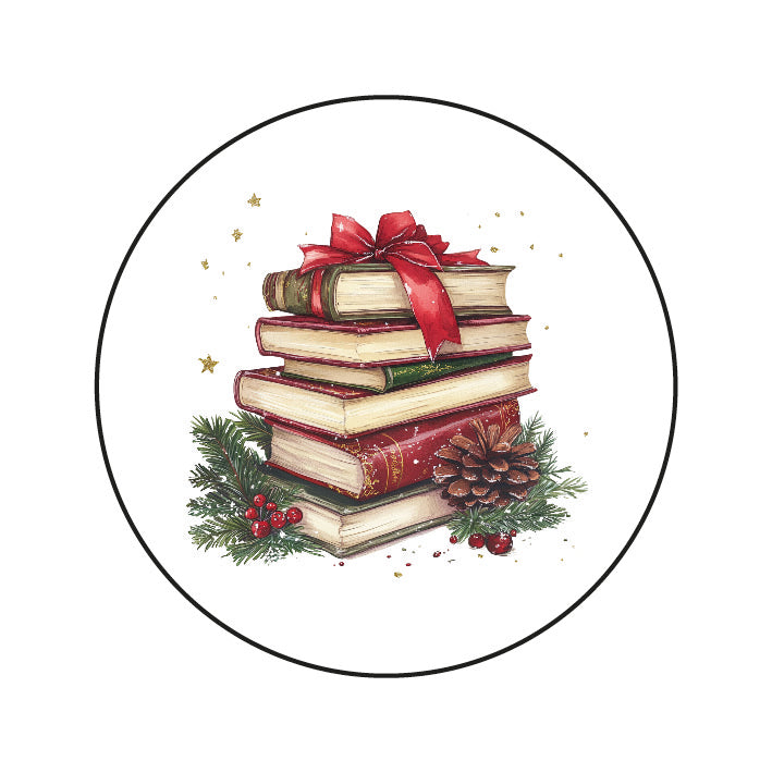 Stickers Kerst Boeken & Dennentakken – ronde kerststickers met aquarelillustratie van boeken met rode strik, dennenappels en takjes, Liefs en Lintjes