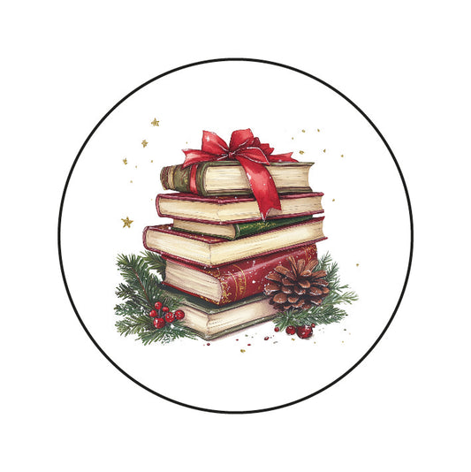 Stickers Kerst Boeken & Dennentakken – ronde kerststickers met aquarelillustratie van boeken met rode strik, dennenappels en takjes, Liefs en Lintjes