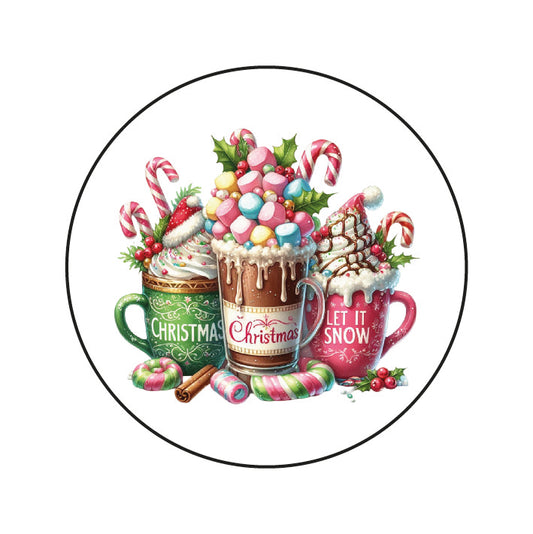 Stickers Kerst Chocolademelk & Snoepstokjes – ronde kerststickers met aquarelillustratie van chocolademelk, snoepstokjes en marshmallows, Liefs en Lintjes