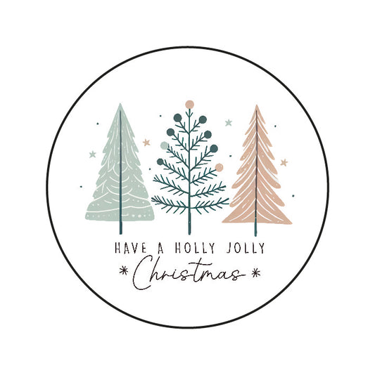 Stickers Kerstbomen Holly Jolly Christmas – ronde kerststickers met drie kerstbomen en tekst in Scandinavische stijl, Liefs en Lintjes